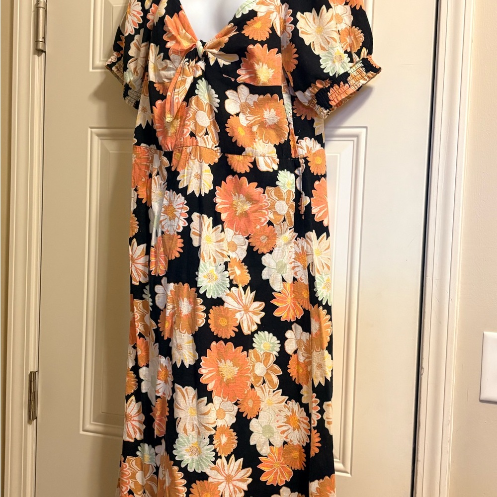 Roxy Black and Orange Floral Midi Dress